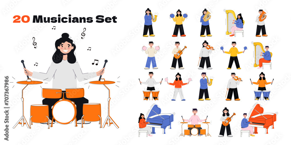 Set of musicians in flat trendy style. Line art. 20 musicians play musical instruments, drums, violin, guitar, cello, harp, piano. Vector illustration. Characters. Notes. Musical performance. Isolated