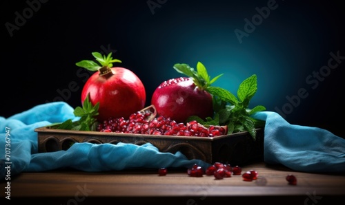 Ripe pomegranate fruit on a wooden background. Selective focus.