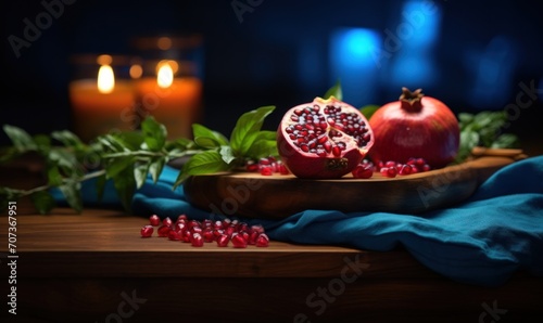 Ripe pomegranate fruits on wooden table in dark room