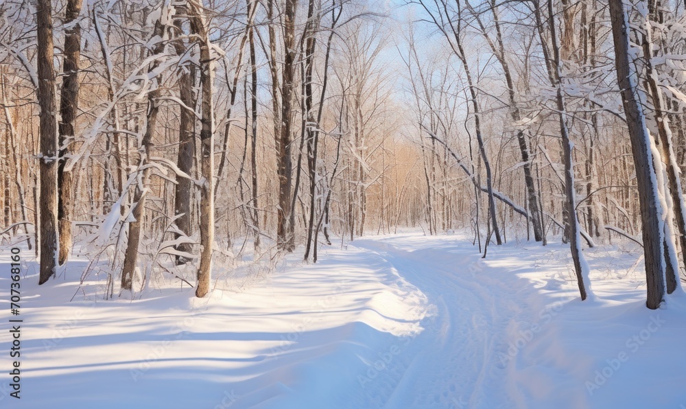 Fototapeta premium Winter forest in sunny day. Winter landscape with trees covered with snow