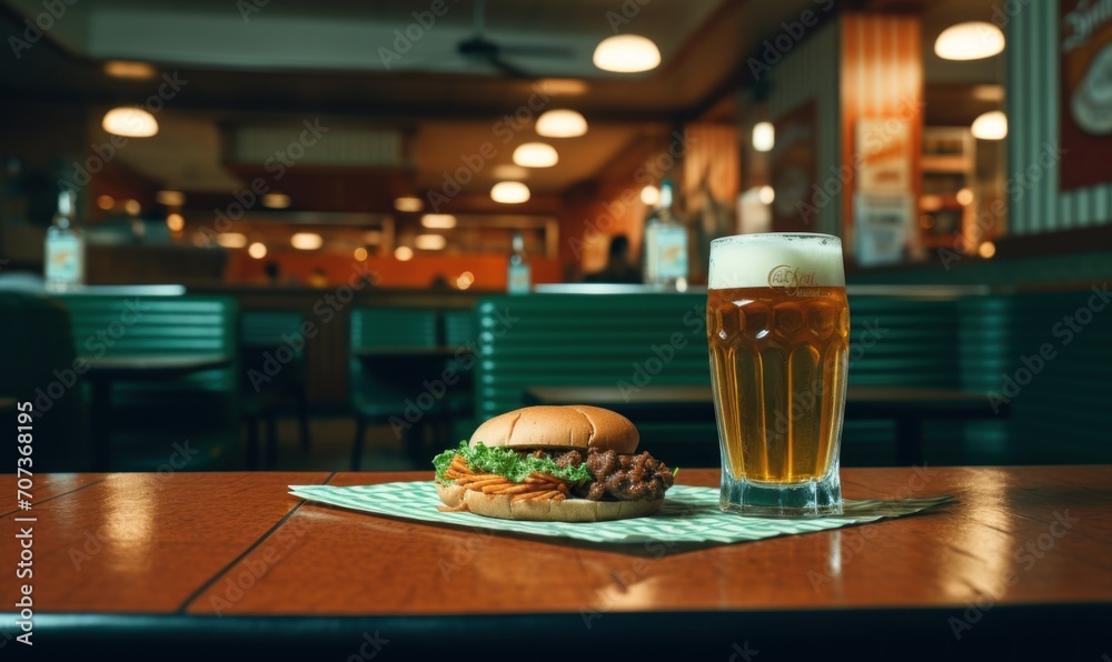 Hamburger with french fries and a glass of beer in a pub