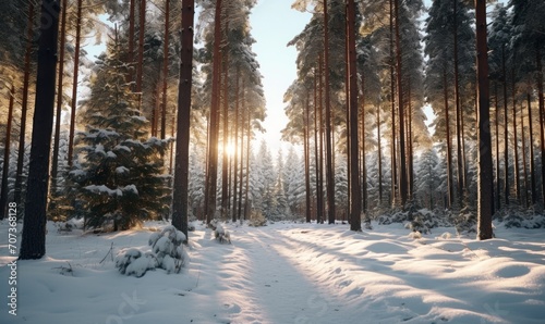 Beautiful sunset in the winter forest. Winter landscape with snow and sun © TheoTheWizard