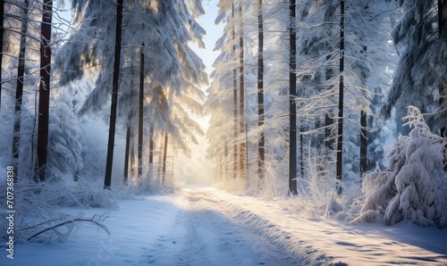 Snowy winter forest. Winter forest with trees covered with snow. © TheoTheWizard