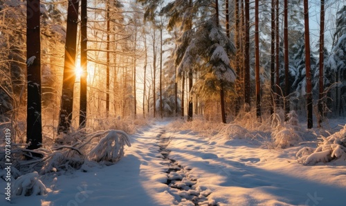 Snowy winter forest. Winter forest with trees covered with snow. © TheoTheWizard