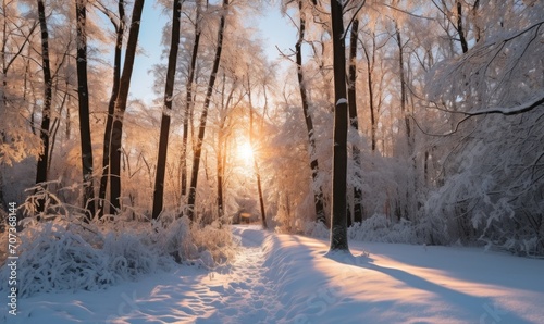 Beautiful winter landscape with snow covered trees in forest at sunrise.