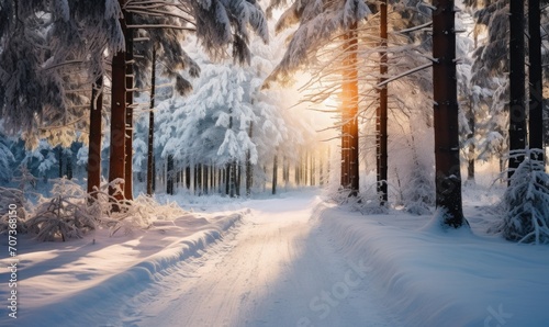 Beautiful winter landscape with snow covered trees in forest at sunrise. © TheoTheWizard
