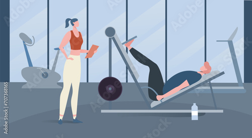 Female personal trainer coaching man doing leg press in gym. Fitness instructor with clipboard and sportsman exercising. Workout supervision and gym training vector illustration.