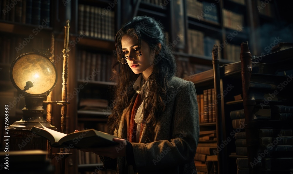 Young woman reading a book in the library at night. Education concept.