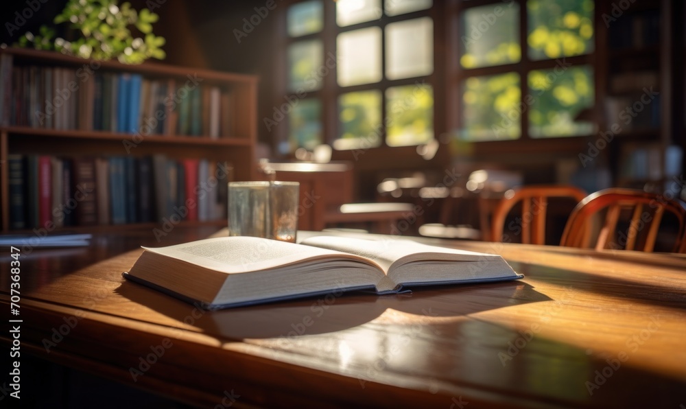 Cup of coffee and book on a wooden table in a cafe Cup of coffee and book on a wooden table in a cafe