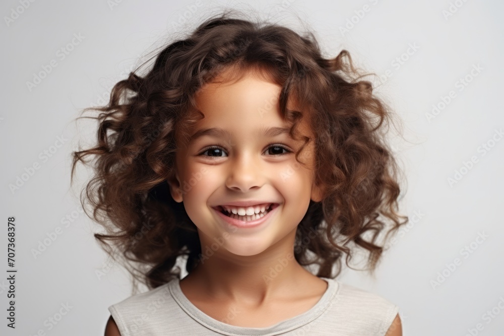 Portrait of a smiling little girl with curly hair over grey background