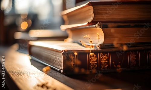 Old books on a wooden table in the library, lit by the sun
