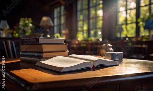 Open book on a wooden table in a library. Selective focus.