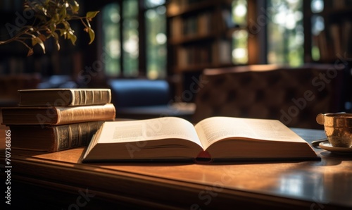 Open book on a wooden table in a library. Selective focus.