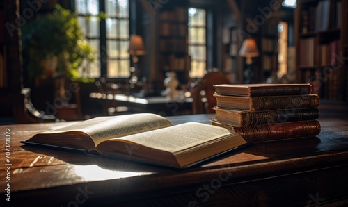 Open book on a wooden table in a library. Selective focus.