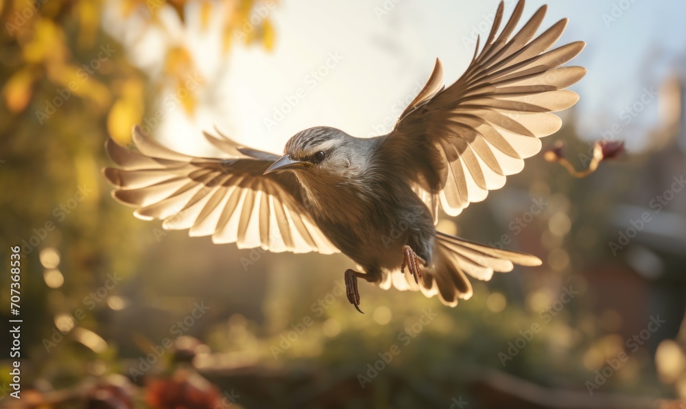 Fototapeta premium Sparrow in flight with open wings, close-up.