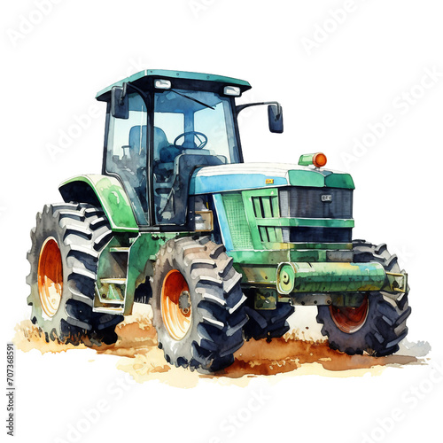 Watercolor tractor with a mower-spreader isolated on a white background 