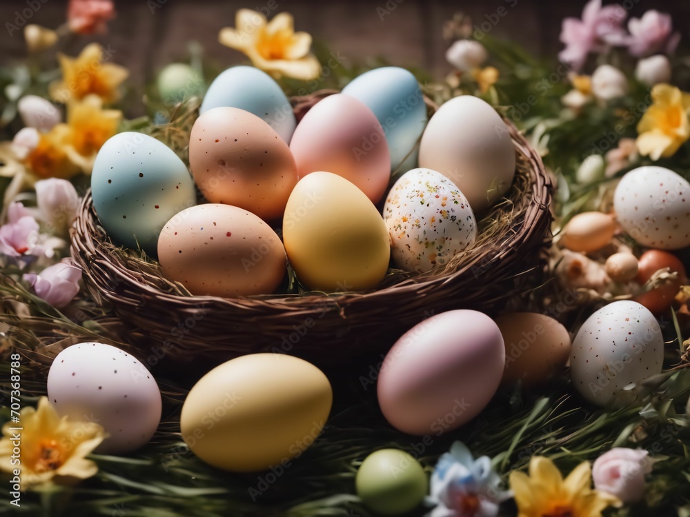 Easter's charm a serene sunrise, playful bunny, or intricate still life. Adorned with pastels, blossoms, and eggs, it captures the essence of family, tradition, and spring's beauty, generative AI