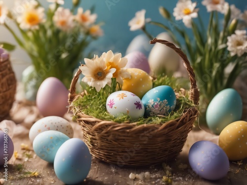 Easter's charm a serene sunrise, playful bunny, or intricate still life. Adorned with pastels, blossoms, and eggs, it captures the essence of family, tradition, and spring's beauty, generative AI