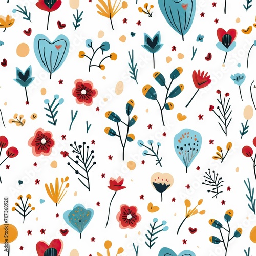 Seamless Pattern simple doodle flowers and cute hearts on a white background retro style Print For Fabric