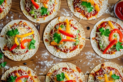 More tortilla pizzas with various colorful vegetables, arranged on a wooden surface. The view from above