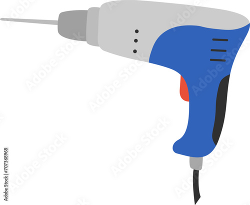 Blue and grey electric drill vector illustration. Flat design of power tool for home improvement, construction projects.