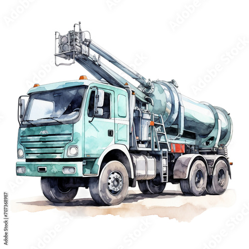 Watercolor concrete pump truck isolated on a white background