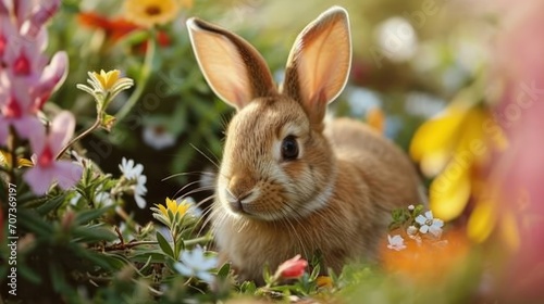  a close up of a rabbit in a field of flowers with flowers in the background and a blurry image of a rabbit in the foreground of the photo.