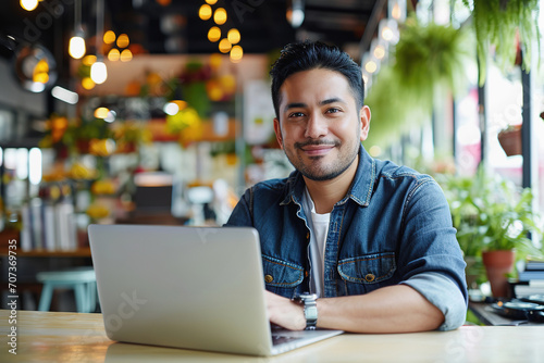 Hispanic man using laptop in cafe, work remote or having online training photo