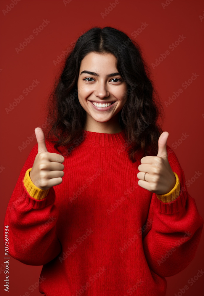 young woman showing thumb through finger in bright red sweater, in the style of minimalist backgrounds, advertisement inspired young woman showing thumb through finger in bright red sweater, in the style of minimalist backgrounds, advertisement inspired