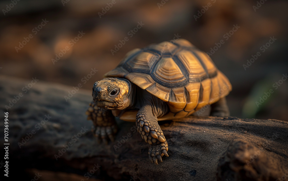 Cute tortoise crawing on the log.Generative AI