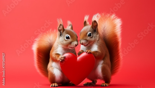Cute red squirrel couple holding a red heart on red background, funny animals for Valentine's Day card photo