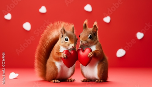 Cute red squirrel couple holding a red heart on red background, funny animals for Valentine's Day card
