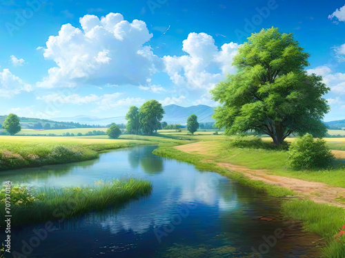 Tranquil landscape. Scenic nature view with green trees, fields and river.