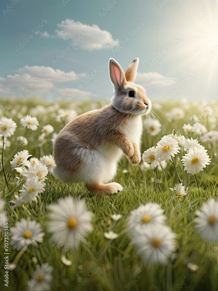 Fototapeta premium Adorable rabbit on the green grass with delicate flowers.