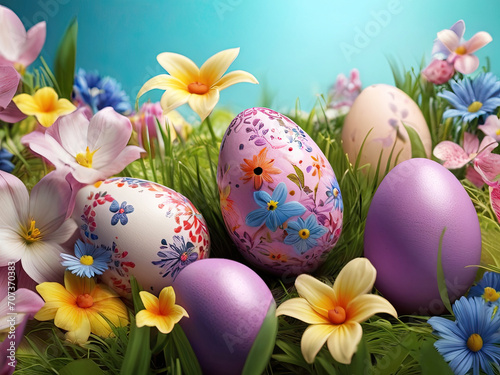 Colorful Easter eggs festive background with floral elements.