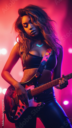 Female musician with electric guitar in neon light