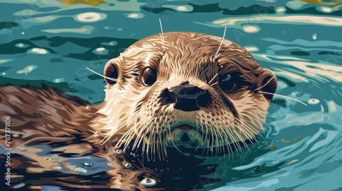  a close up of a sea otter swimming in a body of water with it's head above the water's surface and it's surface, looking at the camera. photo
