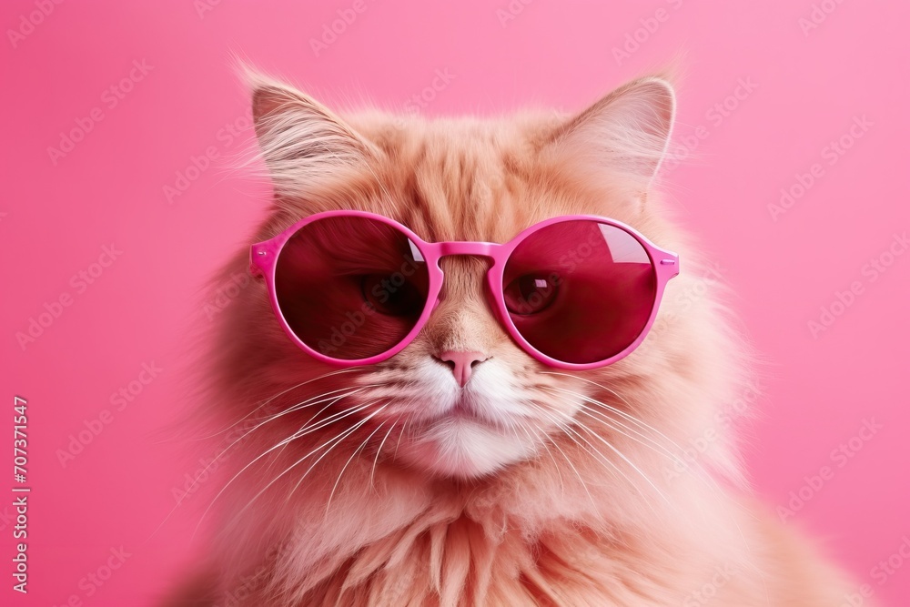 red cat portrait in red glasses. banner with a soft pink background Peach Fuzz