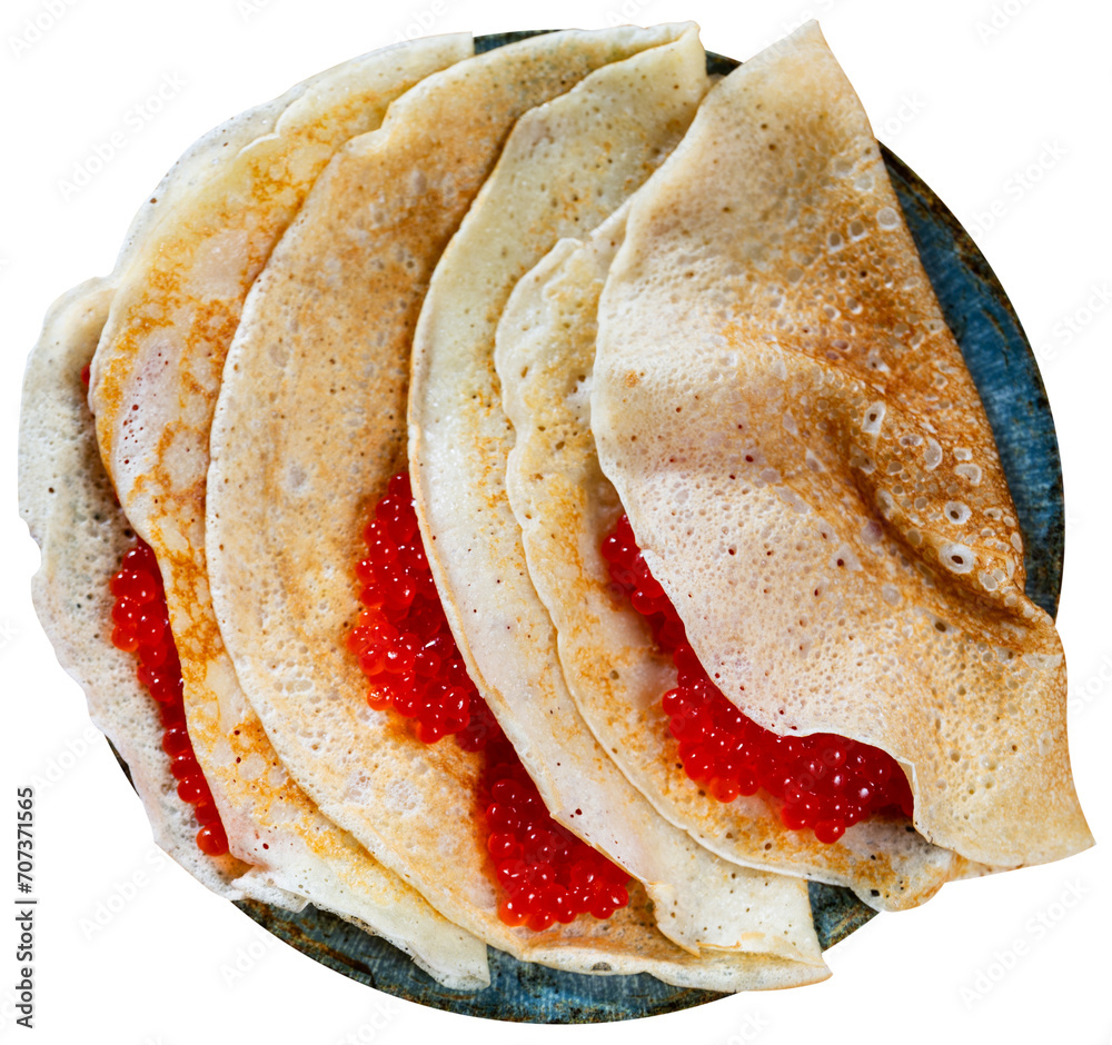 Ταπετσαρία Pancakes with red caviar dished up in flat service plate