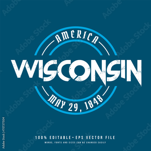 Wisconsin circle badge logo text effect vector. Editable college t-shirt design printable text effect vector	 photo