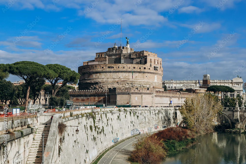 Rome, Italy - 27.12.2023: St. Angelo Bridge and Castel Sant'Angelo in Rome Rome, Italy - 27.12.2023: St. Angelo Bridge and Castel Sant'Angelo in Rome
