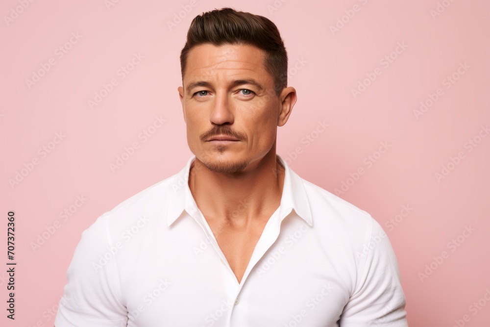 Portrait of handsome man in white shirt, isolated over pink background Portrait of handsome man in white shirt, isolated over pink background