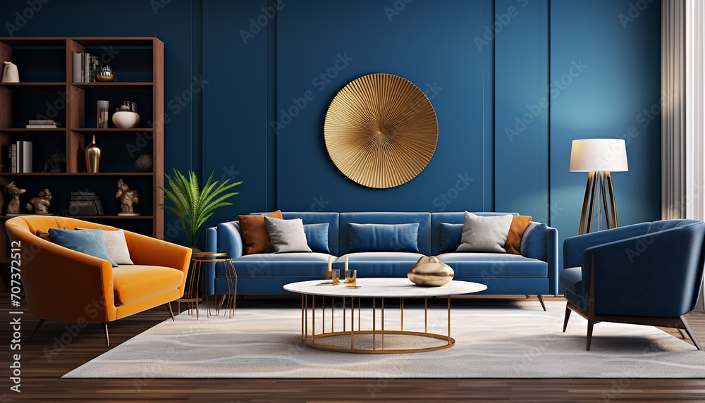Contemporary living room blue sofa coffee table carpet