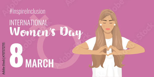 #InspireInclusion 2024 International Women's Day campaign. Vector illustration in flat style for banner, poster, social media. Woman with heart-shaped.