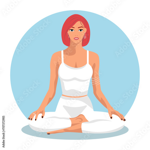 The meditating young woman in white clothes