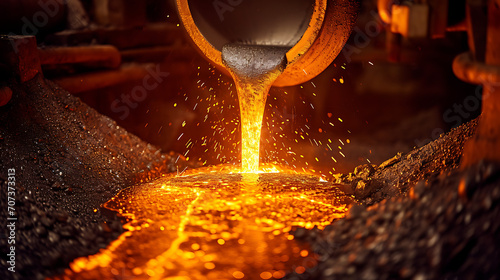 Uma imagem poderosa capturando metal derretido sendo despejado em uma fundição de aço destacando o intenso calor e os processos industriais envolvidos na produção de metal