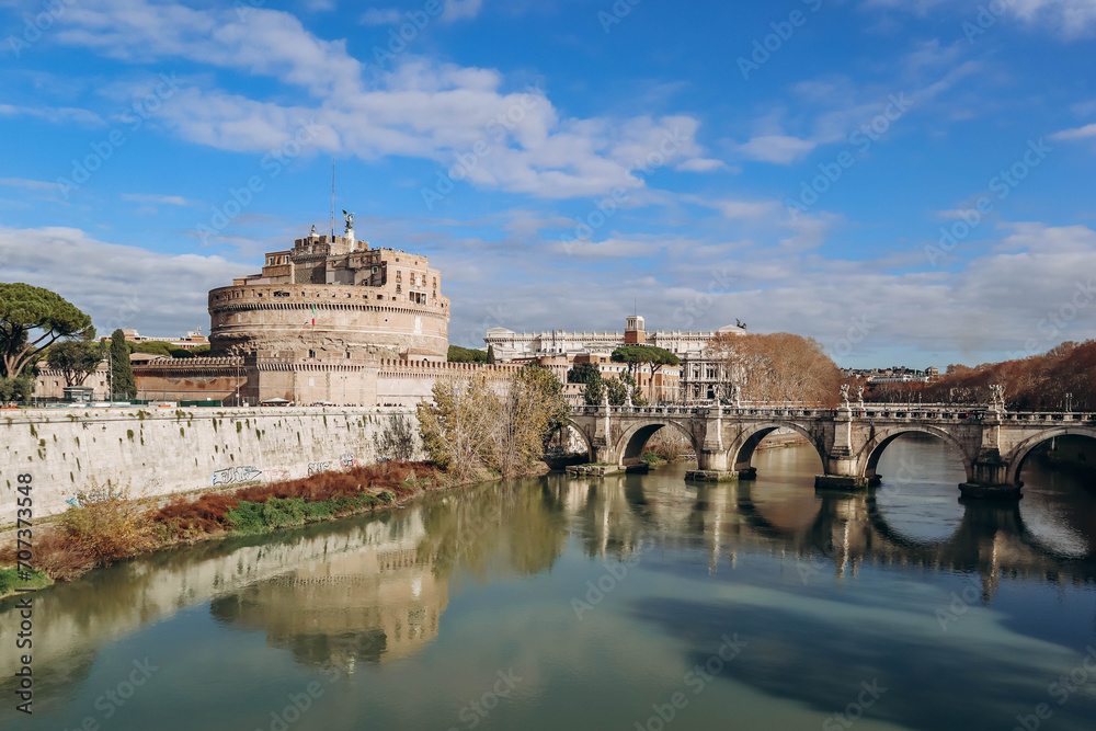Rome, Italy - 27.12.2023: St. Angelo Bridge and Castel Sant'Angelo in Rome