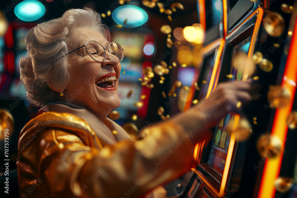 Grandma is very happy that she won a huge amount of money in the casino, slot machines in the background