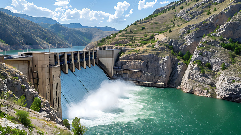 Uma vista serena de uma usina hidrelétrica e barragem mostrando o aproveitamento dos recursos hídricos para produção de energia limpa e renovável
