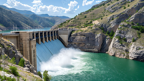 Uma vista serena de uma usina hidrelétrica e barragem mostrando o aproveitamento dos recursos hídricos para produção de energia limpa e renovável photo